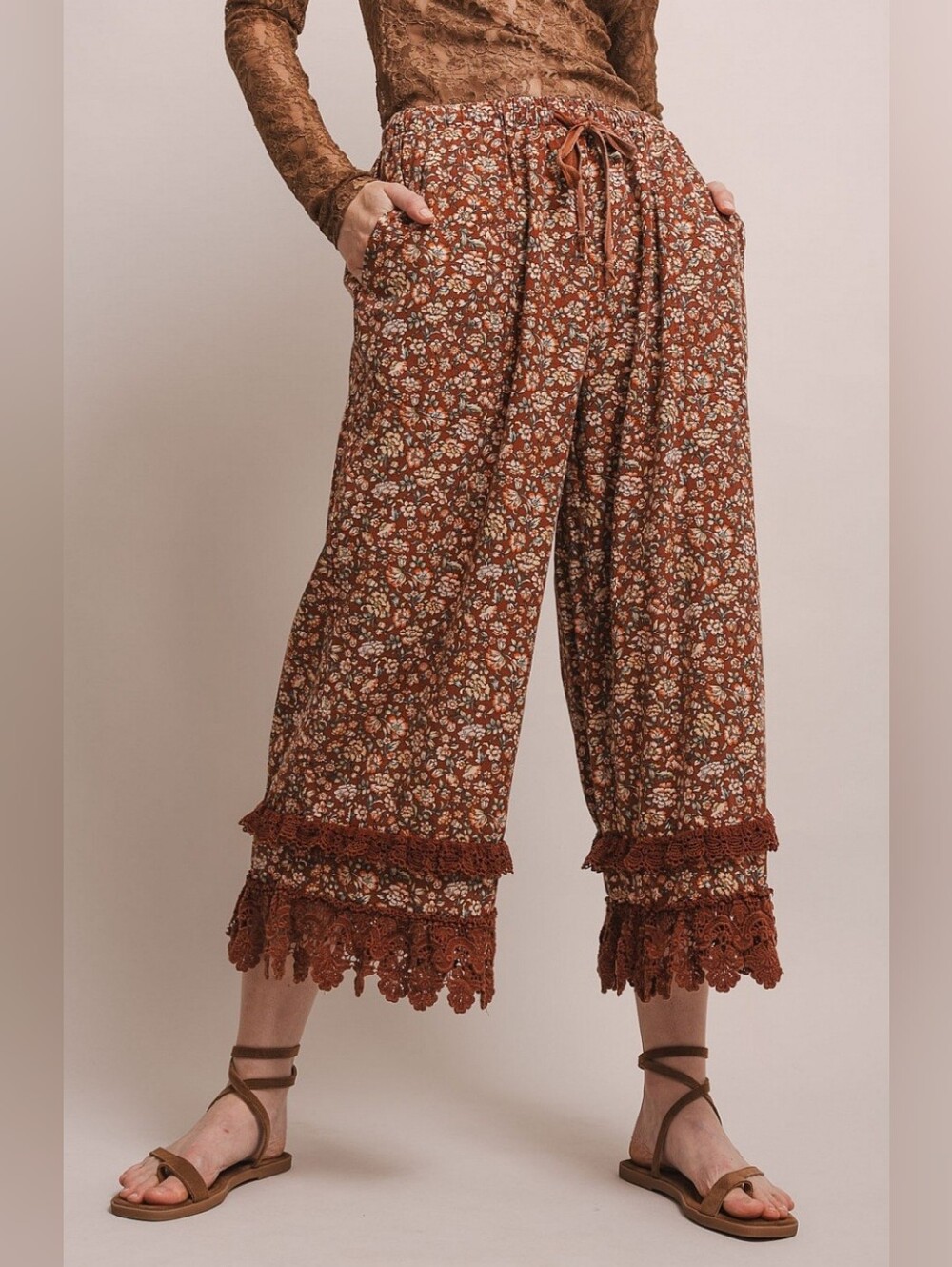 #1759 Blue Velvet Boho Bloom Lace Crop Pants
